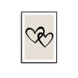 Black Hearts Duo Art Print Beige Love Illustration, Home Decor - thumbnail 1