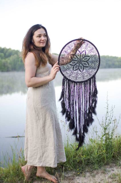 Black Boho Dreamcatcher Large Crochet Doily Wall Hanging - image 1
