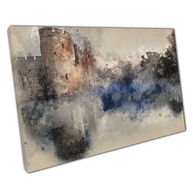 Medieval Castle Watercolour Abstract Painting Misty Sunrise Wall Art Print On Canvas For Home Office Decor - image 1
