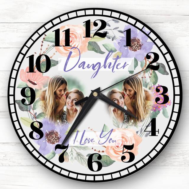 Daughter I Love You Photo Flowers Purple Grey Gift Personalised Clock - image 1