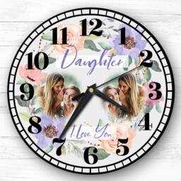 Daughter I Love You Photo Flowers Purple Grey Gift Personalised Clock - thumbnail 1