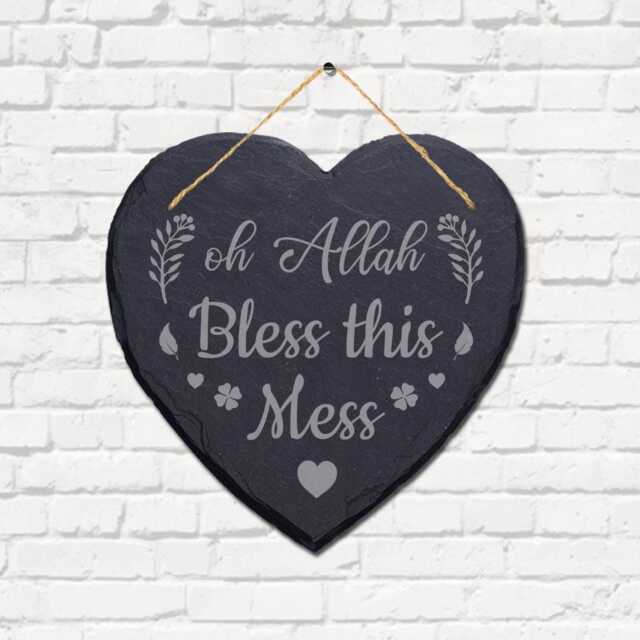 Oh Allah Bless This Mess Engraved Wall Hanging Heart Shape Slate Plaque Sign - image 1