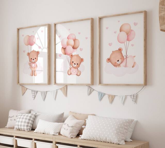 Set Of 3 Teddy Bear Print, Print Nursery, Balloon Wall Art, Pink Personalised Prints, Baby Girl Nursery - image 1