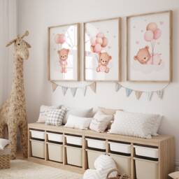 Set Of 3 Teddy Bear Print, Print Nursery, Balloon Wall Art, Pink Personalised Prints, Baby Girl Nursery - thumbnail 2