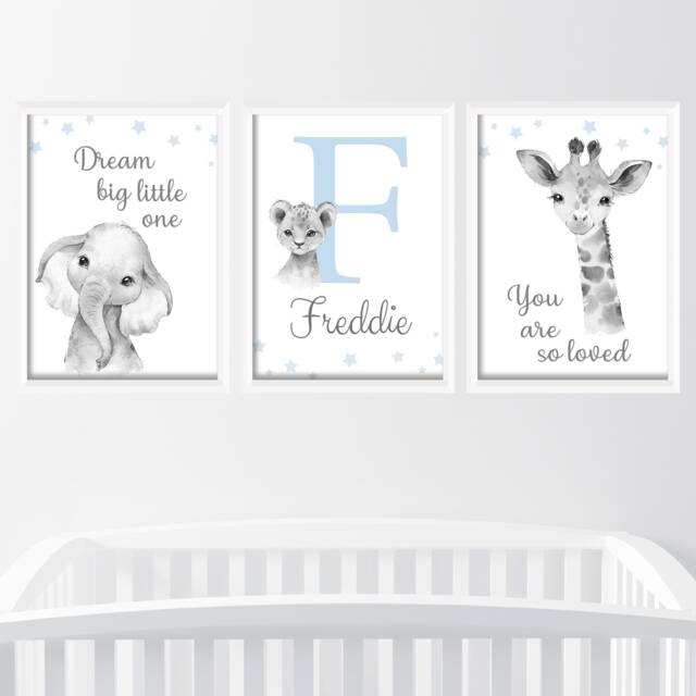 Safari Elephant Giraffe Lion Animal Baby Blue Boys A4 Or A3 Nursery Set Of Unframed Prints Black & White Jungle Dream Big Love Quote Text - image 1
