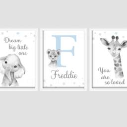 Safari Elephant Giraffe Lion Animal Baby Blue Boys A4 Or A3 Nursery Set Of Unframed Prints Black & White Jungle Dream Big Love Quote Text - thumbnail 3