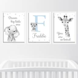 Safari Elephant Giraffe Lion Animal Baby Blue Boys A4 Or A3 Nursery Set Of Unframed Prints Black & White Jungle Dream Big Love Quote Text - thumbnail 1