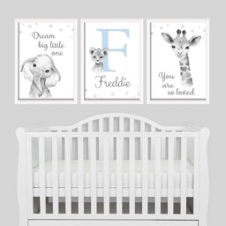 Safari Elephant Giraffe Lion Animal Baby Blue Boys A4 Or A3 Nursery Set Of Unframed Prints Black & White Jungle Dream Big Love Quote Text - thumbnail 2