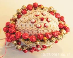 Small Hand Wrapped Handmade Beaded Red & Cream Original Shatterproof Christmas Ornament - thumbnail 1