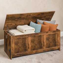 Rustic Storage Chest Bench 100cm Blanket Box With Safety Hinges, Multipurpose Wooden For Bedroom, Hallway & Living Room - thumbnail 2