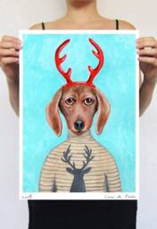 Dachshund Deer, Deer Poster, Art, Preppy Christmas Gift, Holiday Gift, Dachshund Lovers, Dachshund Gift, Painting - thumbnail 1
