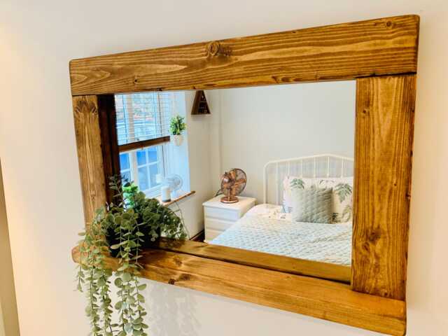 Handmade Waxed Wooden Mirror With Shelf - Rustic Farmhouse Wall Decor - image 1
