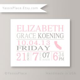 Baby Girl Birth Stats, Little Girl Nursery Wall Decor, Vitals in Pink & Gray, Keepsake Art, New Gift By Yassisplace - thumbnail 1