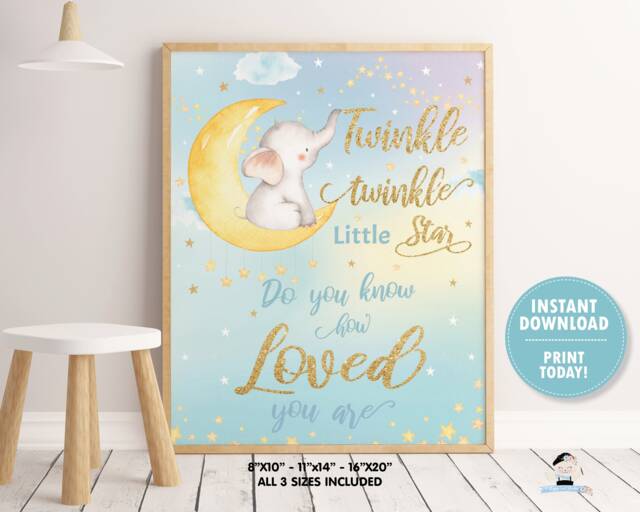Twinkle Little Star Do You Know How Loved Are Nursery Wall Art, Elephant, Moon, Rainbow, Whimsical Decor, Instant Download Ts1 - image 1