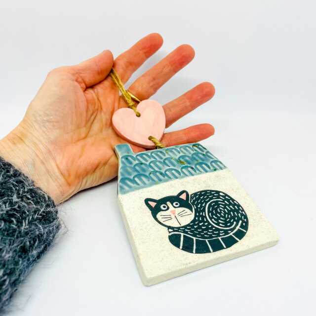Handmade Ceramic Wall Hanging Ornament Black Cat Design, Home Decor, Handcrafted Pottery - image 1