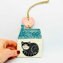 Handmade Ceramic Wall Hanging Ornament Black Cat Design, Home Decor, Handcrafted Pottery - thumbnail 2