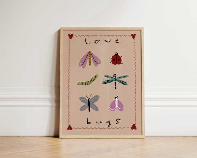 Love Bugs Print, Eclectic Illustration Art, Bedroom Animal Illustration, Nursery Wall Nursery, Kids Room, Unframed - image 1