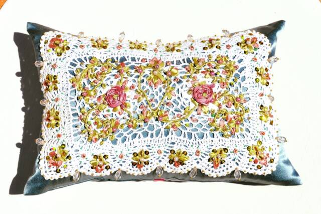 Rustic Lace Pillow, Green Flowers Embroidery Jewel Silk Velvet Pillow 40x26 - image 1