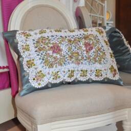 Rustic Lace Pillow, Green Flowers Embroidery Jewel Silk Velvet Pillow 40x26 - thumbnail 4