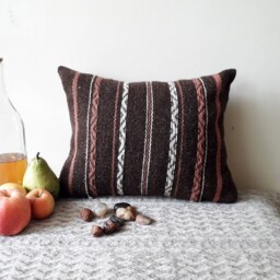 Handwoven Wool Pillow Cover Dark Brown, Pink & White Boho Cushion - thumbnail 3