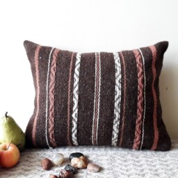 Handwoven Wool Pillow Cover Dark Brown, Pink & White Boho Cushion - thumbnail 1
