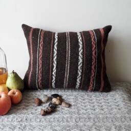 Handwoven Wool Pillow Cover Dark Brown, Pink & White Boho Cushion - thumbnail 2