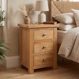 Solid Oak 3 Drawer Bedside Table Cabinet, Natural Wood Nightstand - thumbnail 2