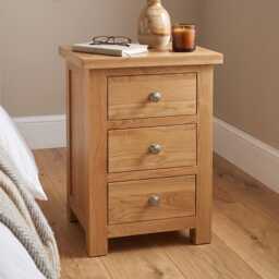 Grofurniture Large Solid Oak Bedside Table, Cabinet, 3 Drawer Nightstand, Real Table