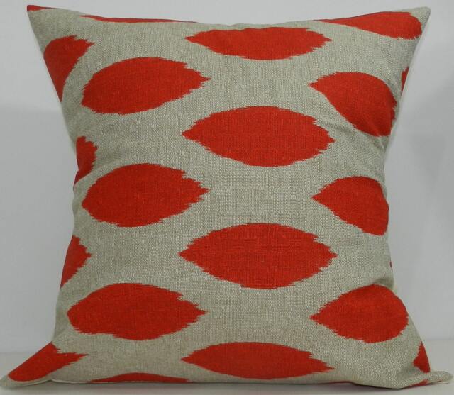 New 18x18 Inch Designer Handmade Pillow Case in Bright Red & Taupe Ikat