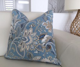 Hamptons Style Linen Cushion Cover Blue & White Floral Pillow - thumbnail 1