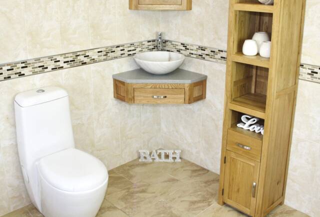 Bathroom Vanity Unit Oak Corner Wash Stand Grey Quartz & Stone Basin 501Wgqsbc - image 1