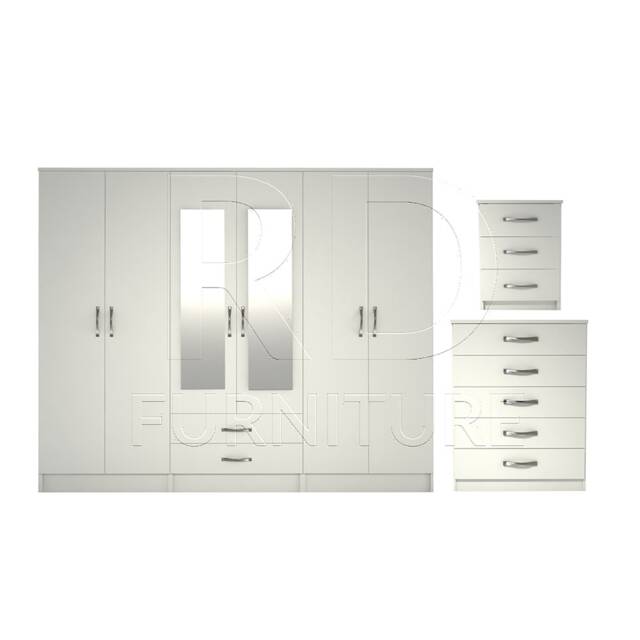 Bedroom Set, White Set, Wardrobe, Mirrored Chest Of Drawers & A Bedside Table. Ready Assembled - image 1