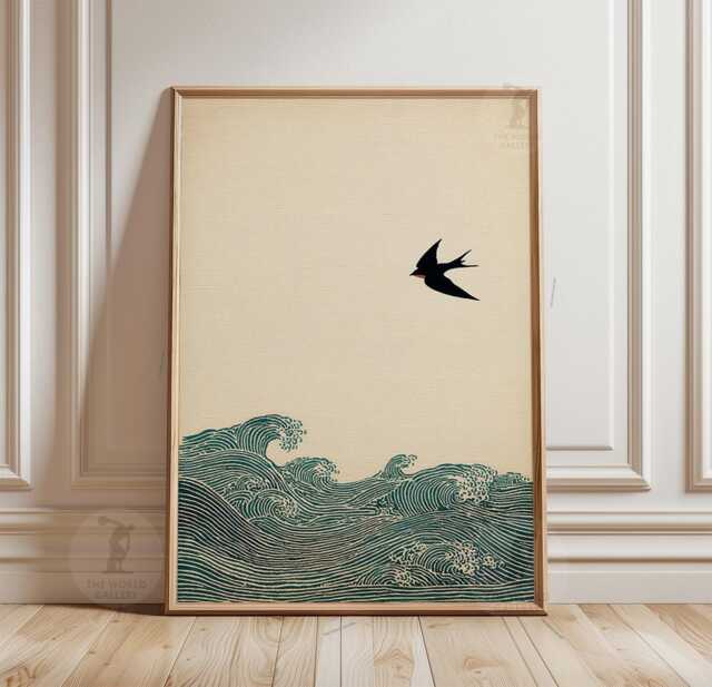 Japanese Bird Poster - Minimalist Wave Illustration Neutral Teal Nature Art - image 1
