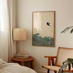 Japanese Bird Poster - Minimalist Wave Illustration Neutral Teal Nature Art - thumbnail 3