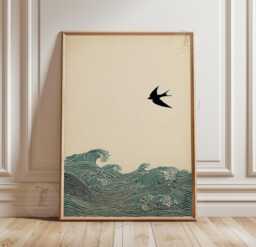 Japanese Bird Poster - Minimalist Wave Illustration Neutral Teal Nature Art - thumbnail 1