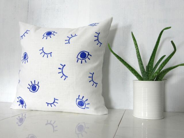 White Linen Pillow Cover With Blue Eye Print/Decorative Throw Cushion Block Printed Royal Bright Natural Bedding Accent Various Sizes - image 1