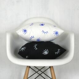 White Linen Pillow Cover With Blue Eye Print/Decorative Throw Cushion Block Printed Royal Bright Natural Bedding Accent Various Sizes - thumbnail 4