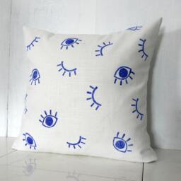 White Linen Pillow Cover With Blue Eye Print/Decorative Throw Cushion Block Printed Royal Bright Natural Bedding Accent Various Sizes - thumbnail 3