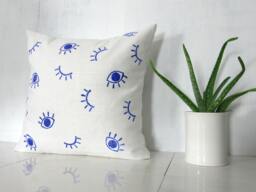 White Linen Pillow Cover With Blue Eye Print/Decorative Throw Cushion Block Printed Royal Bright Natural Bedding Accent Various Sizes - thumbnail 1