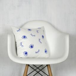 White Linen Pillow Cover With Blue Eye Print/Decorative Throw Cushion Block Printed Royal Bright Natural Bedding Accent Various Sizes - thumbnail 2