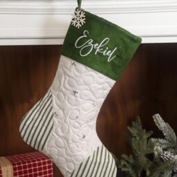 Quilted Christmas Stocking, Personalized Heirloom Farmhouse Green Ticking - thumbnail 2