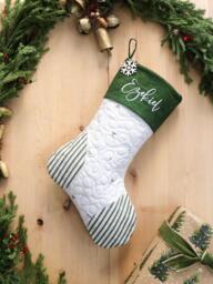 Quilted Christmas Stocking, Personalized Heirloom Farmhouse Green Ticking - thumbnail 1