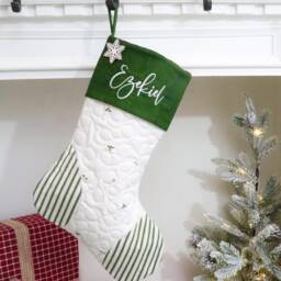 Quilted Christmas Stocking, Personalized Heirloom Farmhouse Green Ticking - thumbnail 4
