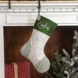 Quilted Christmas Stocking, Personalized Heirloom Farmhouse Green Ticking - thumbnail 3