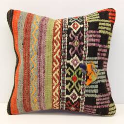 Vintage Kilim Pillow Cover 16x16, Boho Home Decor - thumbnail 1