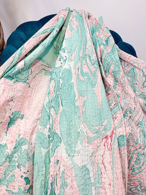 Kantha Stitch Pure Cotton Reversible Bed/Sofa Bedroom Throw King Size Handmade Marble Dohar Summer Pretty Pastel Green Wave Peach Hue - image 1