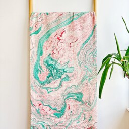 Kantha Stitch Pure Cotton Reversible Bed/Sofa Bedroom Throw King Size Handmade Marble Dohar Summer Pretty Pastel Green Wave Peach Hue - thumbnail 2