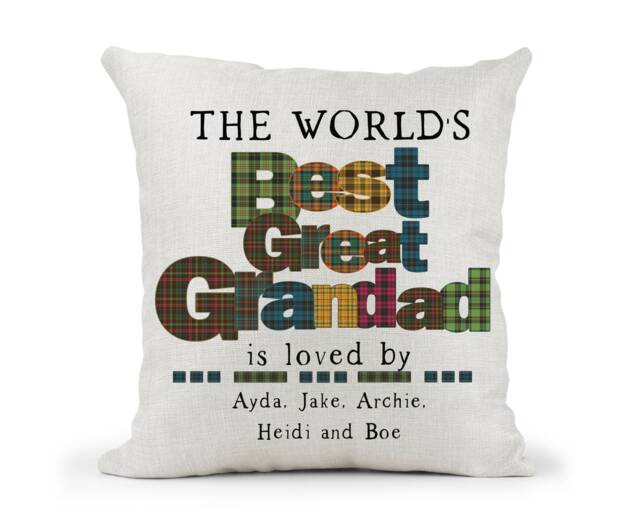 Personalised Grandad Cushion The World's Best Great Grandad Tartan Check Lettering Gingham, Father's Day, 60Th 70Th 80Th Birthday - image 1