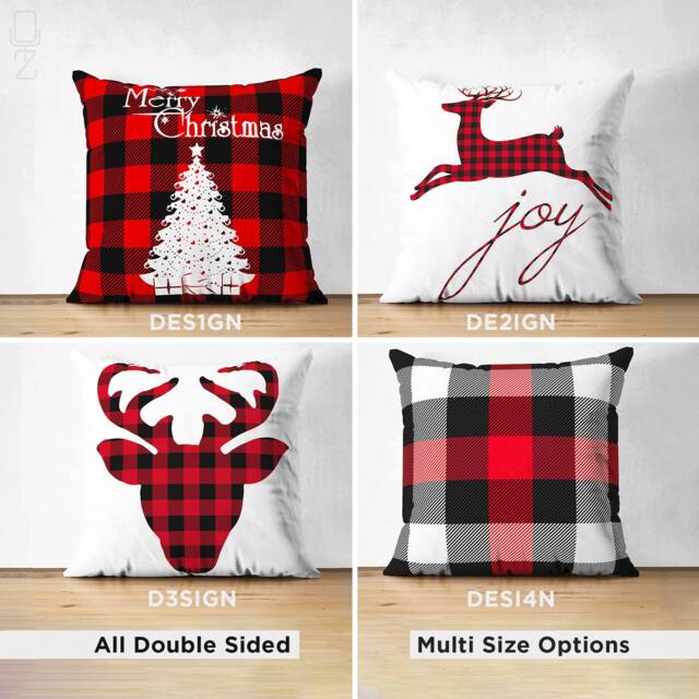Suede Christmas Cushion Covers With Red & Black Colours - Plaid Pattern Xmas Reindeers & Tree Double Sided Printed Multi-Size Options - image 1