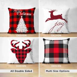 Suede Christmas Cushion Covers With Red & Black Colours - Plaid Pattern Xmas Reindeers & Tree Double Sided Printed Multi-Size Options - thumbnail 1